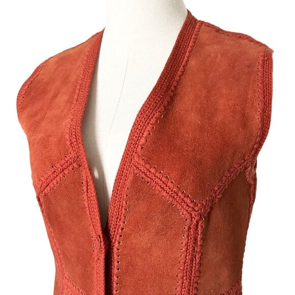 Vintage 70s Ms. Today Suede Leather Crochet Button Front Dress Rust Size M/14 - Picture 2 of 9